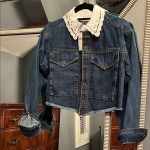 Anthropologie Dark Blue Denim Jacket with White Eyelet Collar